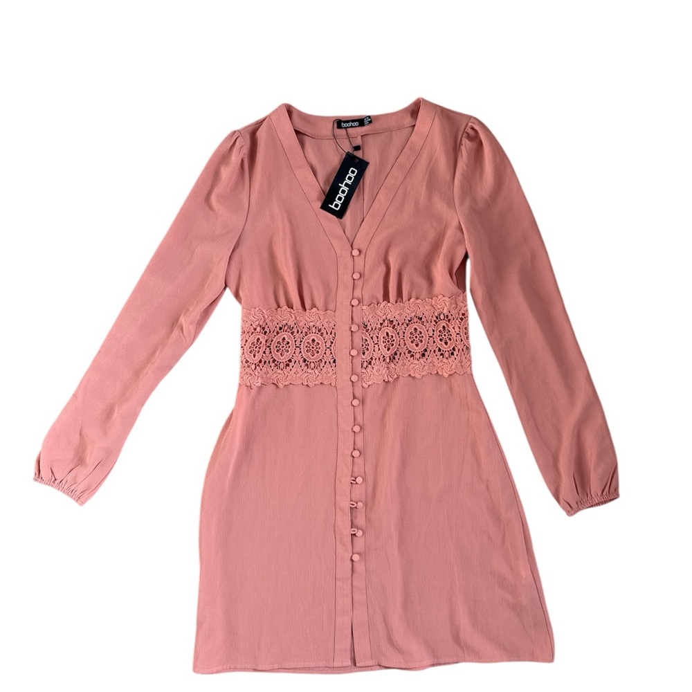 Boohoo Lace Trim Blush Shirt Dress